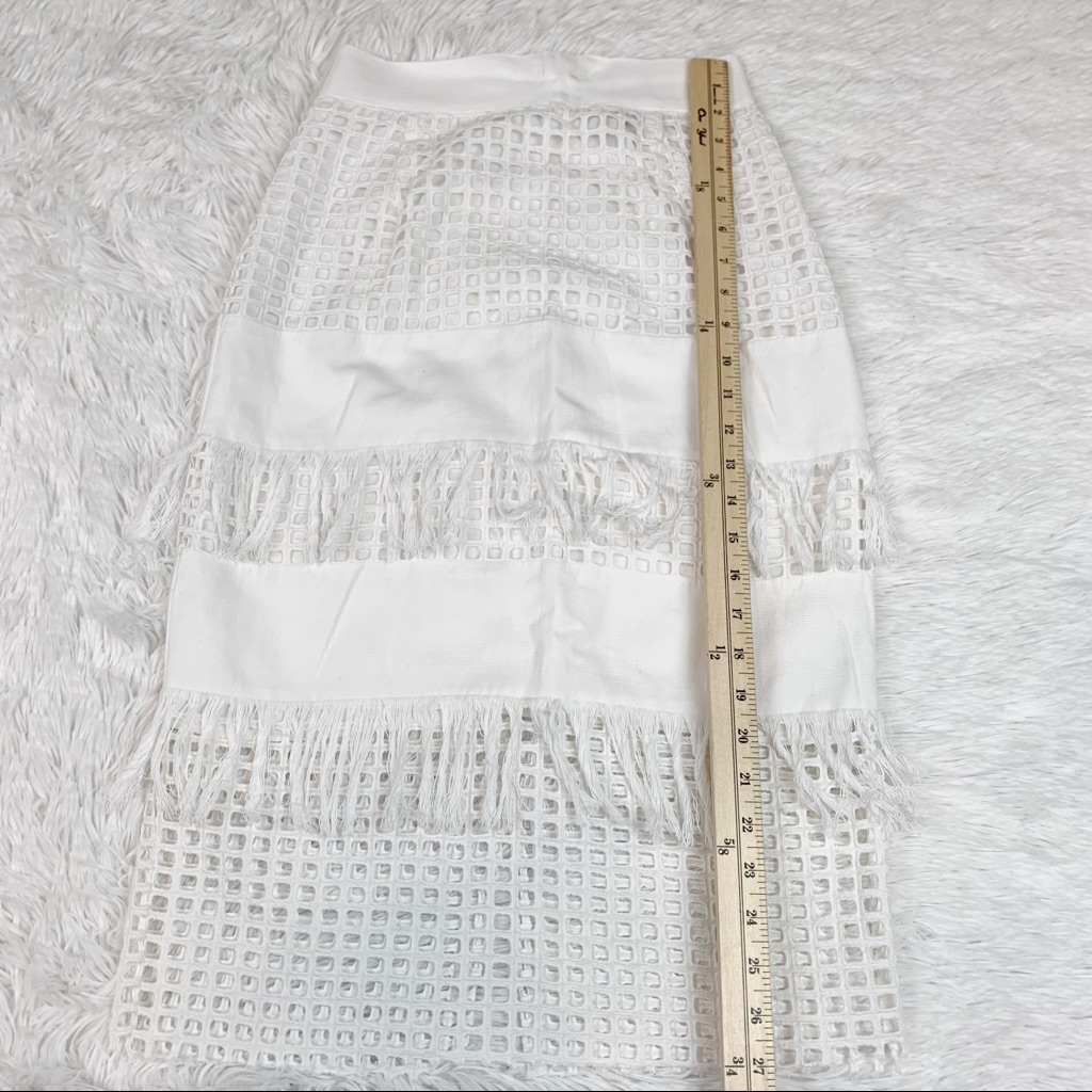Sea New York Laser Cut Eyelet Fringe Midi Skirt In White High Waist Slit — image 3 of 8